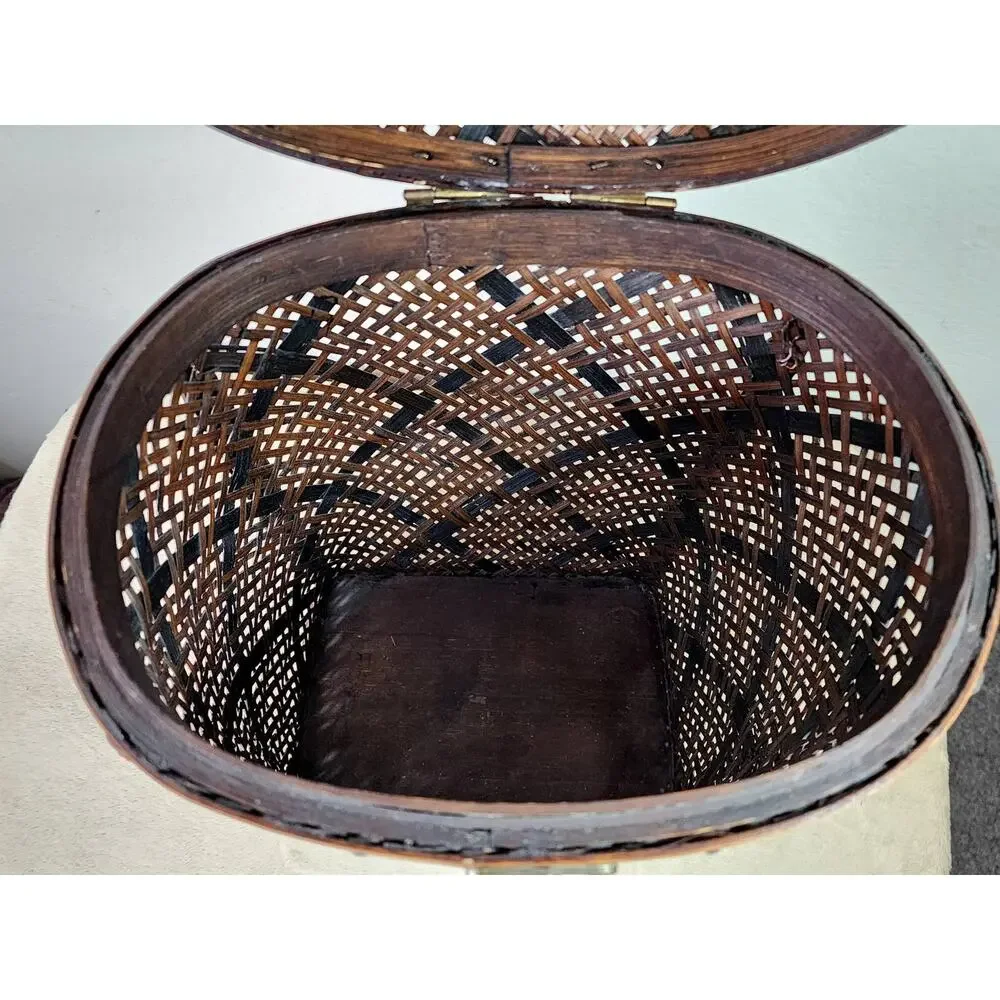 Woven Rattan Lidded Large Basket w/ Lid Brass Accent Asian Inspired 80s Vintage